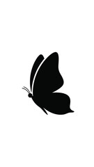 A minimalist black silhouette of a butterfly with antennae on a clean white background