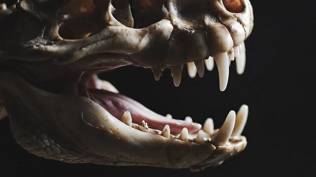 Close-up of an animal skull with sharp teeth and open mouth, showing its dental structure against a dark background