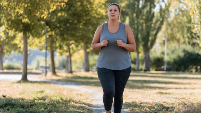 Athletic woman jogging through a sunlit park, showcasing determination and fitness, with camera following her movement along the path, capturing the essence of outdoor exercise