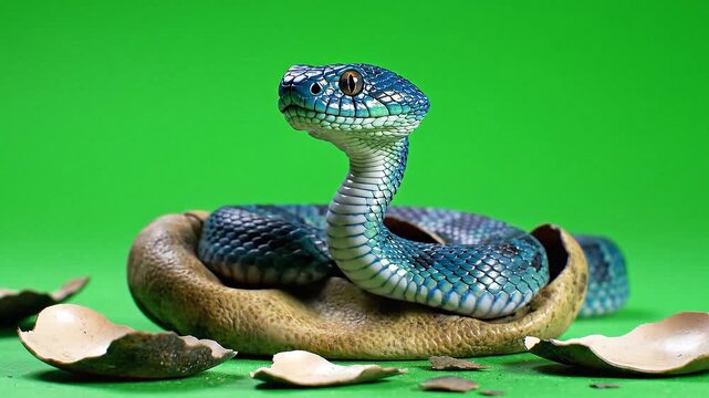 A striking blue snake emerges from its egg, ready to explore its new world on a vibrant green backdrop