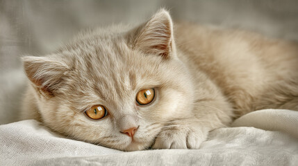Portrait of a British Shorthair kitten resting on a light fabric surface with bright lighting and realistic textures