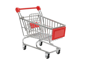 Miniature metal shopping cart with red accents on a plain background