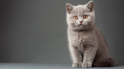 Portrait of a British Shorthair kitten sitting calmly on a neutral studio background with natural fur texture and sharp focus