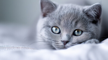 Portrait of a British Shorthair kitten resting on a light fabric surface with bright lighting and realistic textures
