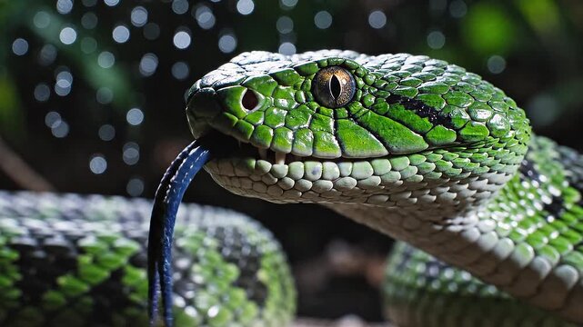 Close-up of a striking green viper snake with its tongue flicking out, showcasing intricate scales and piercing eyes in a dark, naturalistic setting