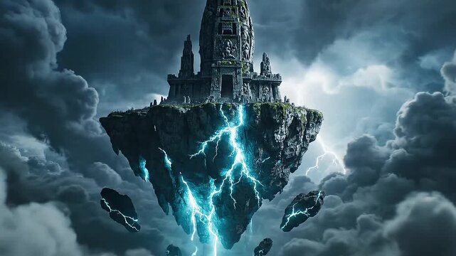 Ancient stone citadel dramatically perched on a levitating island, engulfed by tempestuous clouds with vibrant blue lightning illuminating the abyss below, creating a scene of raw mystical power