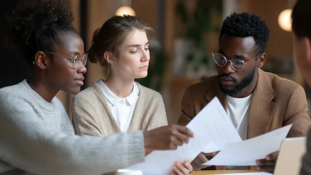 Multiracial coworkers collaborate on project analysis in cozy workspace while reviewing documents and exchanging ideas - Powered by Adobe