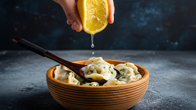 Hand squeezing lemon juice on dumplings in wooden bowl