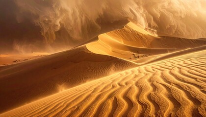 Golden Sand Dunes Under Dramatic Golden Hour Sunlight With Wind Sweeping Across The Rippled Surface Creating A Sense Of Vastness And Motion