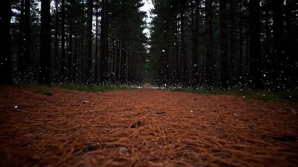 A serene forest clearing with a carpet of brown pine needles on the ground in a video. use as multipurpose tittle intro, gaming background, product mockup. . motion graphics background