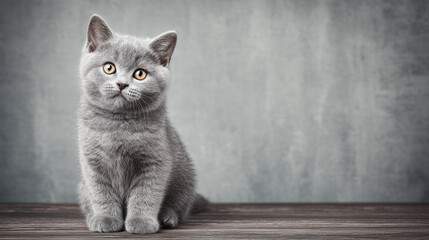 Realistic portrait of a British kitten sitting upright with simple indoor background and natural balanced lighting, showcasing accurate fur colors and a gentle expression in professional stock photogr