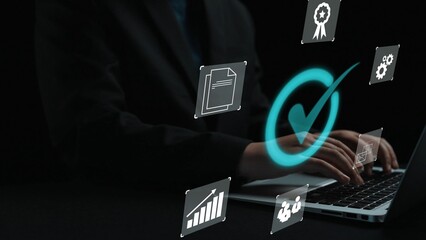Professional hands typing on a laptop with digital icons representing success, certification, data, security, and efficiency against a dark background Gluon.