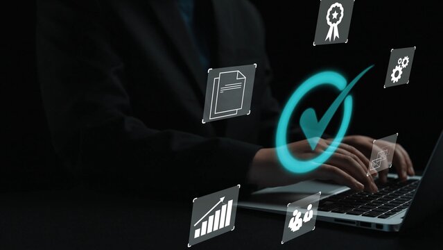 Professional hands typing on a laptop with digital icons representing success, certification, data, security, and efficiency against a dark background Gluon.