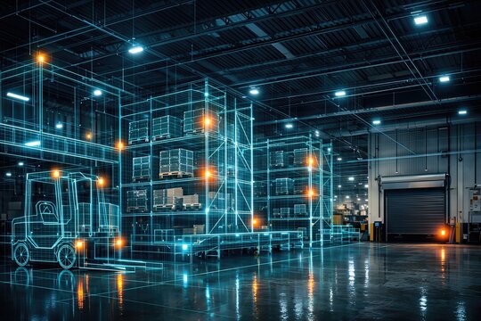 Futuristic warehouse interior showcasing augmented reality logistics with digital shelving units and integrated forklift technology emphasizing efficiency and innovation in supply chain - Powered by Adobe