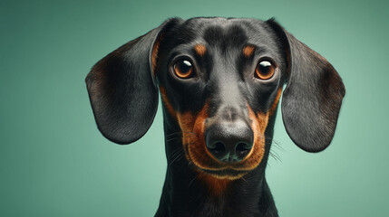 Close-up of a single dachshund dog centered on a light green backdrop with crisp details and realistic colors, modern animal photography style