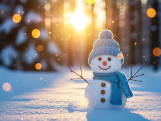 Obraz premium Cheerful Snowman in Golden Hour Sunlight with Bokeh Lights winter christmas