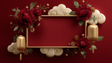 Luxury chinese festive oriental background with gold frame and lantern decoration, red flower and cloud element create elegant background for holiday greeting and celebration card design