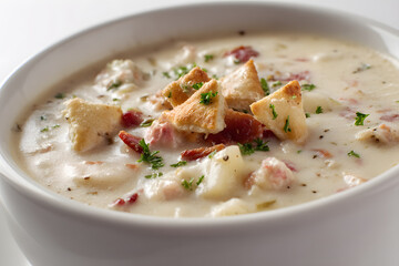 Close Up Shot of Authentic Creamy Soup Bowl with Croutons and Fresh Herbs on a White Background