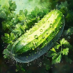 Fresh cucumber with parsley leaves