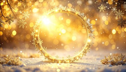 Golden Snowflake Wreath Illuminated By Bright Sunlight In Winter Snow With Sparkling Bokeh Effect And Golden Lights