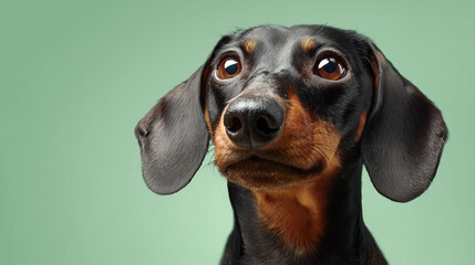 Single Dachshund Looking Slightly Upward on Soft Green Background with Detailed Whiskers and Friendly Expression, Professional Studio Pet Portrait