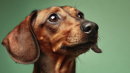 Single Dachshund Looking Slightly Upward on Soft Green Background with Detailed Whiskers and Friendly Expression, Professional Studio Pet Portrait