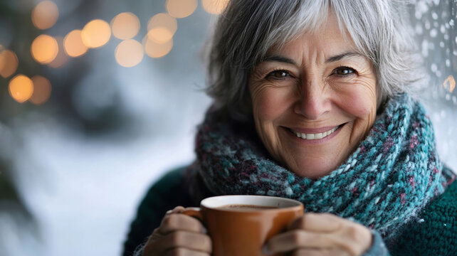 Elderly woman wrapped in a winter scarf enjoying a hot drink in a cozy snowy setting