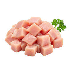 Fresh cubed chicken breast with parsley on black background