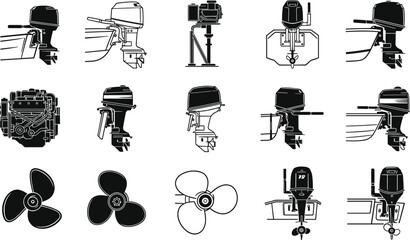 Outboard boat motor and marine engine icon set featuring detailed silhouettes for nautical, boating, and marine equipment design © MstHalima