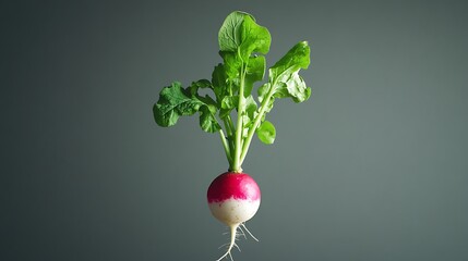 Single fresh radish with green leaves