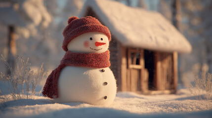 Snowman wearing a red woolen cap and scarf standing on soft snow in front of a small cozy cabin in a warm yet crisp winter atmosphere