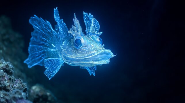 Bioluminescent deep sea fish glowing underwater with transparent fins and blue light, mysterious ocean creature in darkness