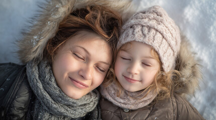 Top view of a loving mother and young daughter resting on snow after playing in a peaceful winter nature scene with soft clothing details and warm atmosphere