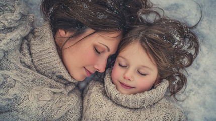 Top view of a loving mother and young daughter resting on snow after playing in a peaceful winter nature scene with soft clothing details and warm atmosphere