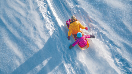 Top view of happy mother and young daughter sledding down a snowy hill in colorful jackets, joyful winter fun in crisp snow