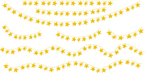 Golden star garland borders set with hanging decorative strings for festive designs vector