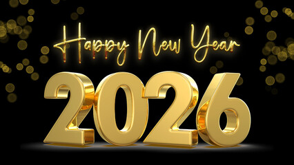 Luxury Golden Happy New Year 2026 3D Text on Black Background with Bokeh