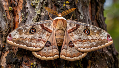 Symmetrical Moth Resting on Tree Trunk