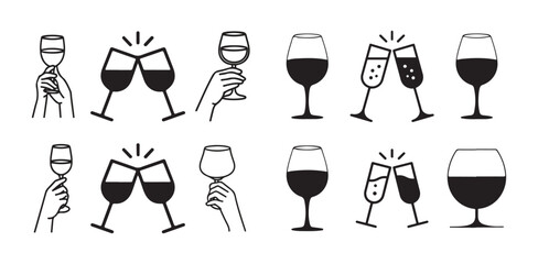 Wine Glass Toast and Cheers Hand Gesture Icon Set. People Clinking Wine Glasses Celebration vector, cheers Gesture Line Icon Collection, vector illustration eps 10