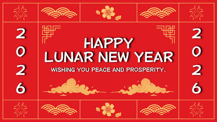 Happy Lunar New Year 2026 Greeting Card with Traditional Red and Gold Patterns