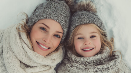Top view of a smiling mother and daughter lying on fresh snow in a peaceful winter forest wearing warm knitted clothing, joyful family moment, realistic photography style