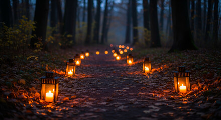 A lantern with a candle on a tombstone with autumn leaves on a foggy night in the cemetery all saints' day and all souls' day
