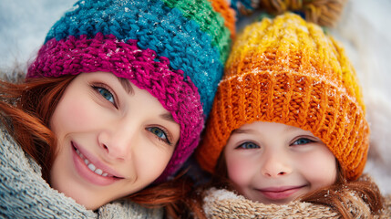 Top view of happy mother and young daughter sledding down a gentle snowy hill wearing colorful winter jackets, joyful and playful winter activity, realistic snow details, vibrant and lifelike environm