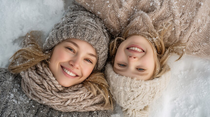 Top view of a smiling mother and daughter lying on fresh snow in a peaceful winter forest wearing warm knitted clothing, joyful family moment, realistic photography style