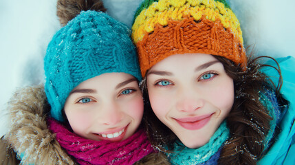 Top view portrait of cheerful mother and daughter wearing colorful winter hats lying side by side on snow with minimal winter background fresh and bright colors realistic facial details high-end stock