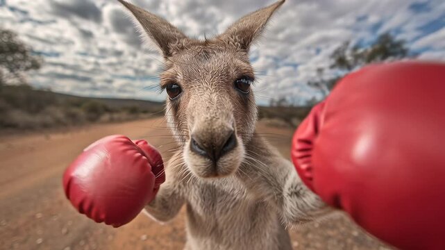 4k video of a kangaroo wearing boxing gloves and punching.