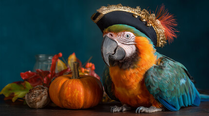 Tropical parrot dressed as a cheerful pirate with a small pumpkin beside it in playful Halloween theme, realistic feathers and colorful autumn decorations, crisp and clear composition