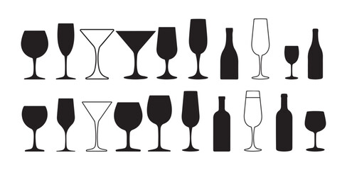 Alcohol Drink Glasses and Bottles Icon Set. Bar Glassware, wine, Beer, Cocktail Glasses and Bottles Icon. vector illustration eps 10