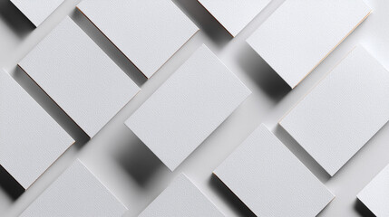 Vertical business card scatter mockup in clean flat layout with white matte cards overlapping naturally minimal modern design neutral background sharp focus realistic paper texture professional brandi