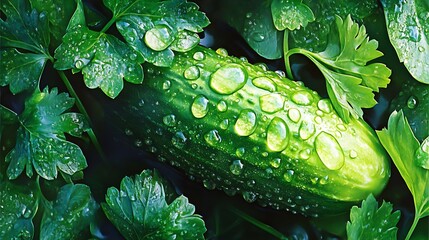 Fresh cucumber in parsley leaves